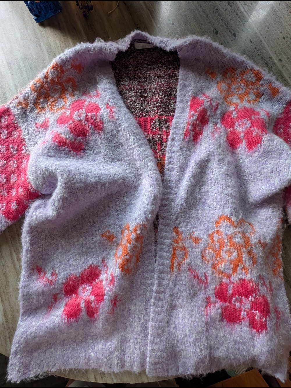 Altar'd State Lilac Floral Fuzzy Open Cardigan Sweater - Pink & Orange Accents
